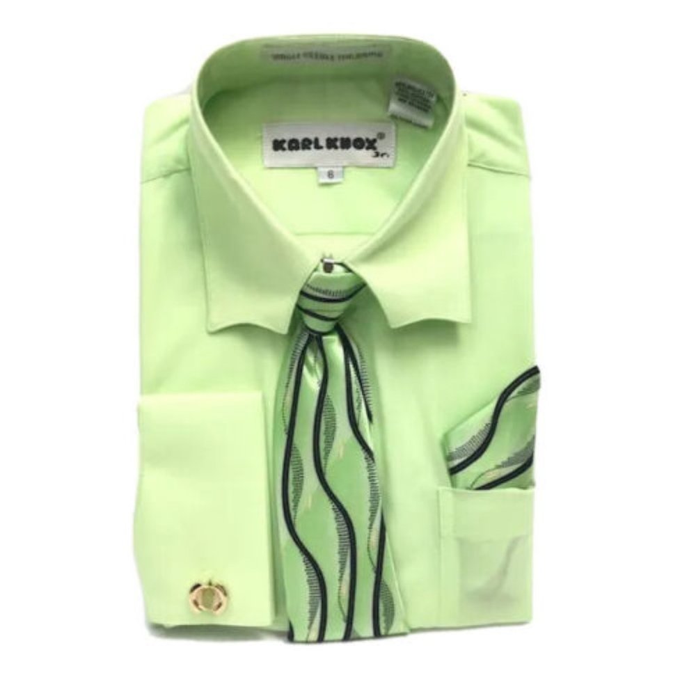Karl Knox Boys Dress Shirt Lime Green Lime Green Black Tie Hanky Sizes 5 - 6